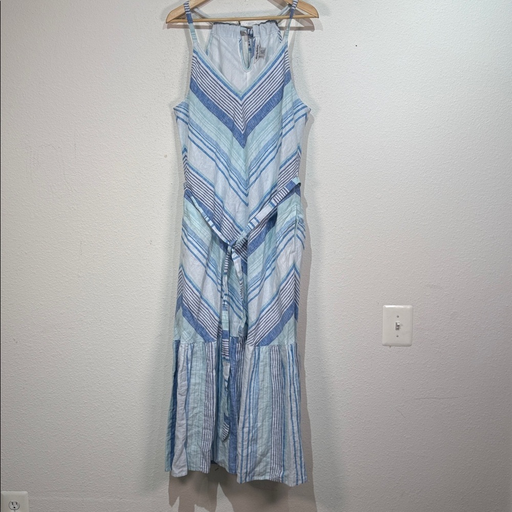 Tommy Bahama Ocean Reverie chevron Blue White Stripe Linen Maxi dress L - Picture 3 of 11